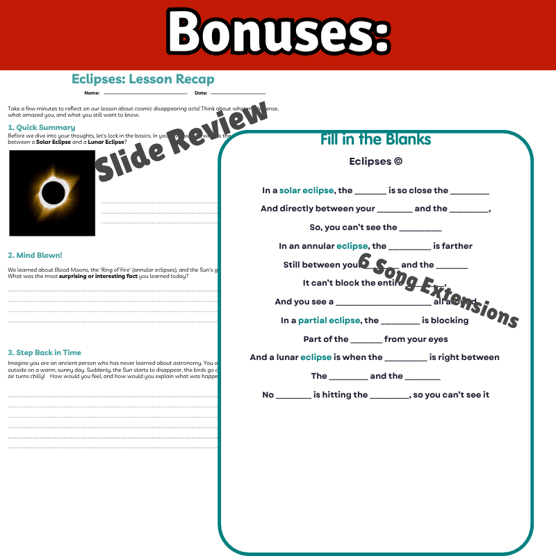 Eclipses Science SONG, VIDEO, & Bonus Slides, Worksheets