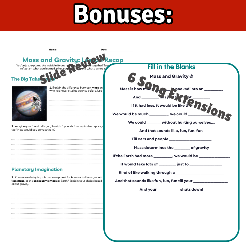Mass & Gravity Science SONG, VIDEO, & Bonus Slides, Worksheets