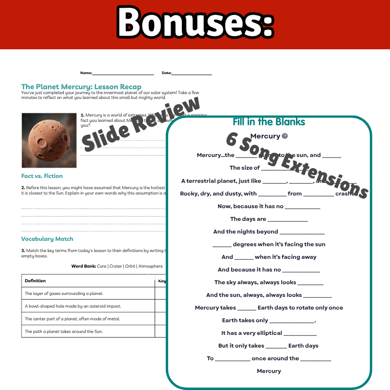 Mercury Science SONG, VIDEO, & Bonus Slides, Worksheets