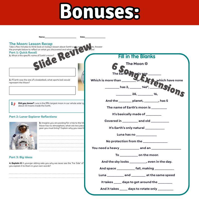 The Moon Science SONG, VIDEO, & Bonus Slides, Worksheets