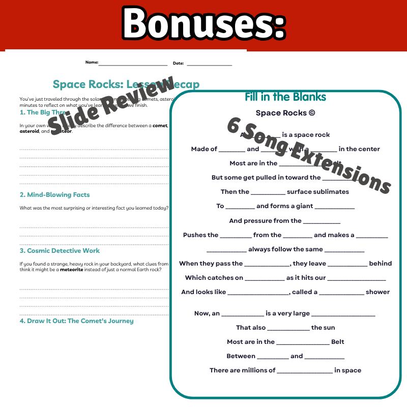 Space Rocks Science SONG, VIDEO, & Bonus Slides, Worksheets