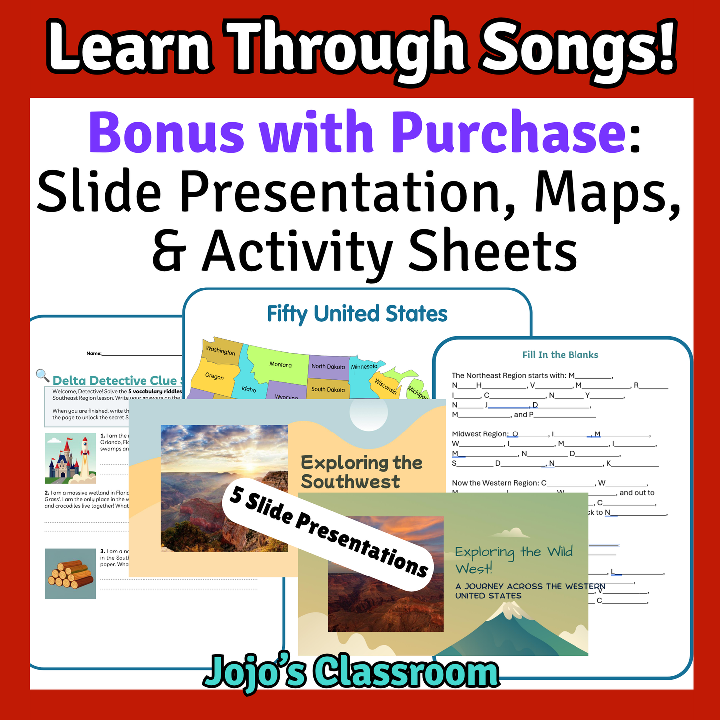 50 United States SONG, VIDEO, MAPS, & Bonus Slides/Activity Sheets