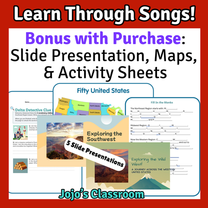50 United States SONG, VIDEO, MAPS, & Bonus Slides/Activity Sheets