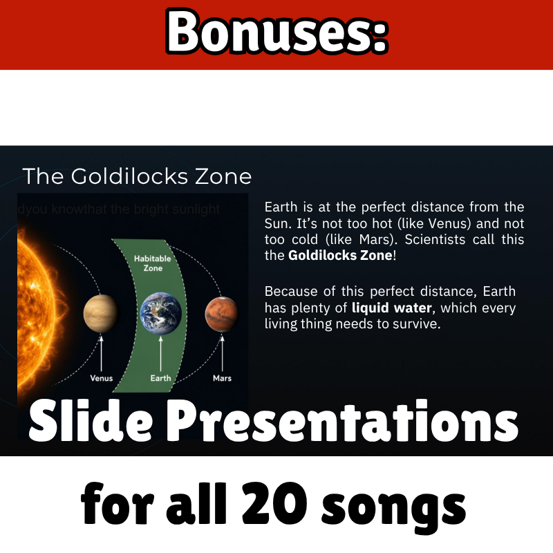 Astronomy Bundle Science SONGS, VIDEOS, & Bonus Slides, Worksheets