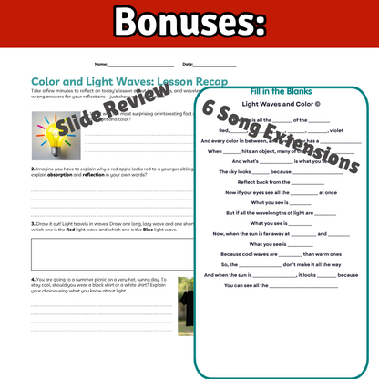 Color and Light Waves Science SONG, VIDEO, & Bonus Slides, Worksheets