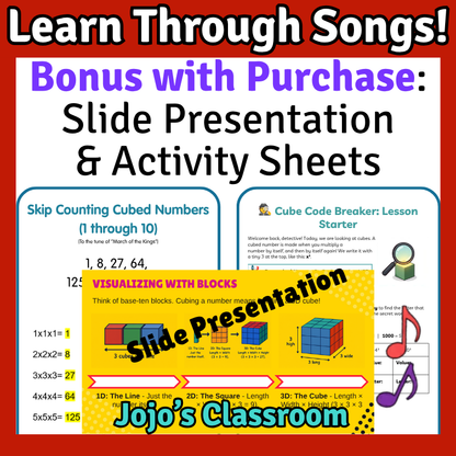 CUBED Numbers Math SONG, VIDEO, & Bonus Slides, Extension Sheets