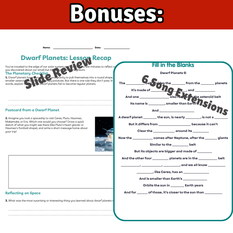 Dwarf Planets Science SONG, VIDEO, & Bonus Slides, Worksheets