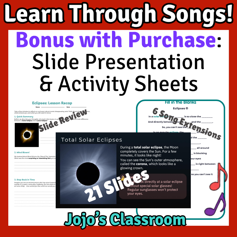 Eclipses Science SONG, VIDEO, & Bonus Slides, Worksheets