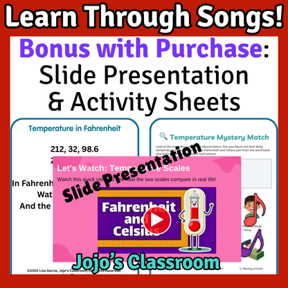 Fahrenheit Temperature Math SONG, VIDEO, & Bonus Slides, Extension Sheets