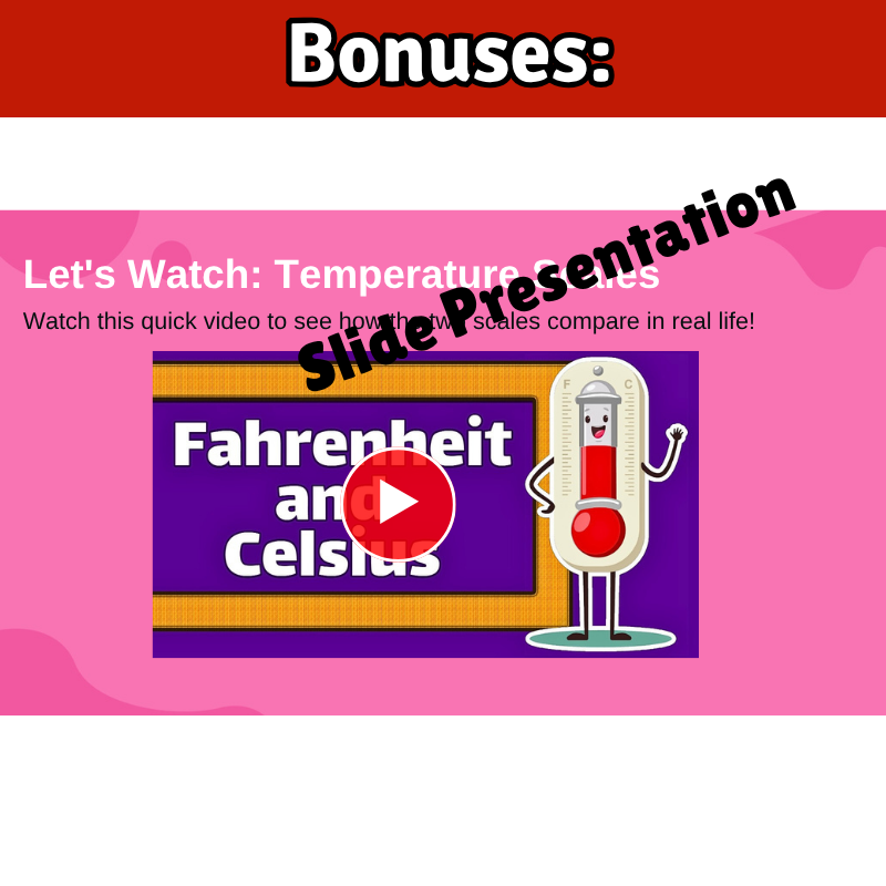 Fahrenheit Temperature Math SONG, VIDEO, & Bonus Slides, Extension Sheets