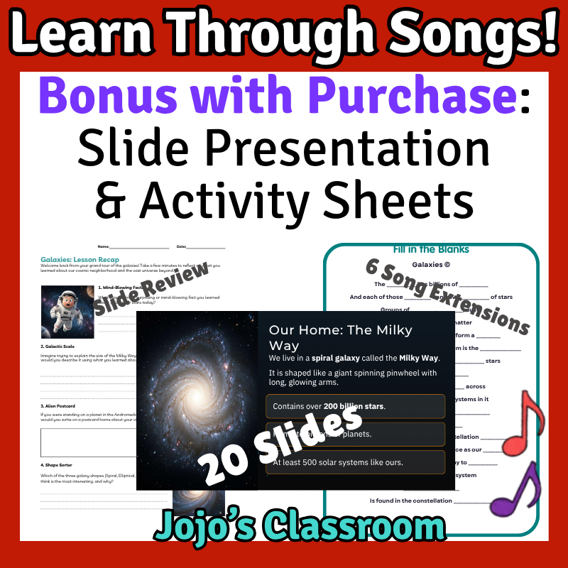 Galaxies Science SONG, VIDEO, & Bonus Slides, Worksheets