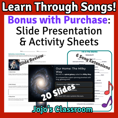 Galaxies Science SONG, VIDEO, & Bonus Slides, Worksheets