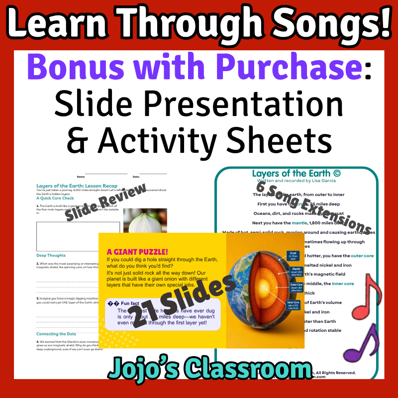 Layers of EARTH Science SONG, VIDEO, & Bonus Slides, Worksheets