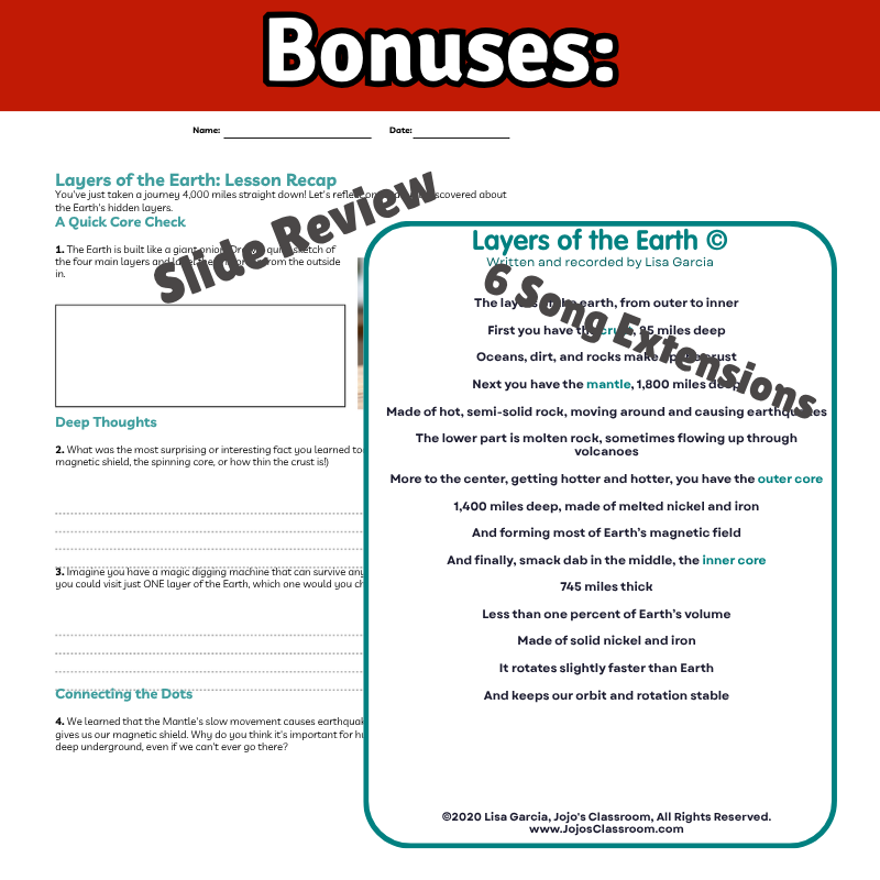 Layers of EARTH Science SONG, VIDEO, & Bonus Slides, Worksheets