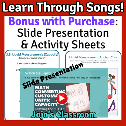 LIQUID MEASUREMENT Math SONG, VIDEO, & Bonus Slides, Extension Sheets
