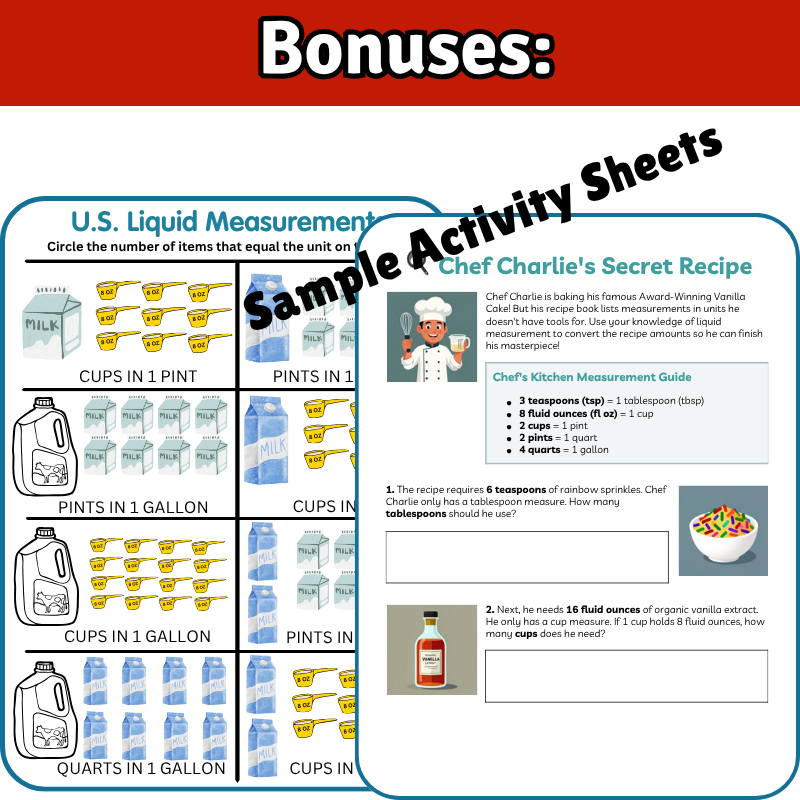 LIQUID MEASUREMENT Math SONG, VIDEO, & Bonus Slides, Extension Sheets