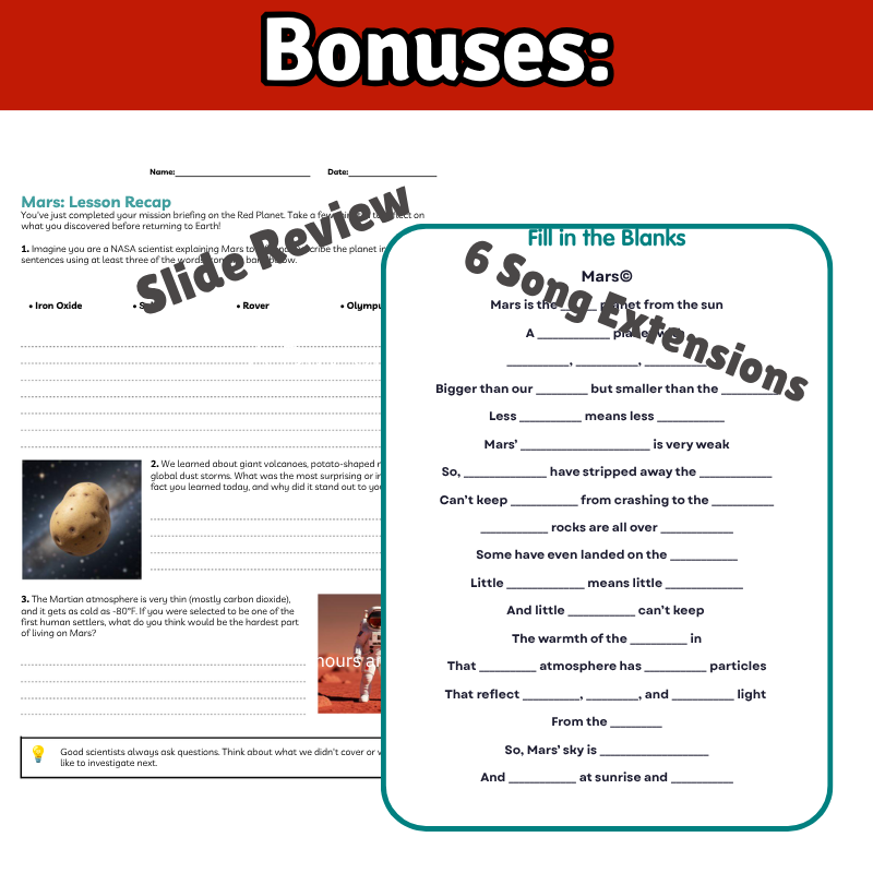Mars Science SONG, VIDEO, & Bonus Slides, Worksheets