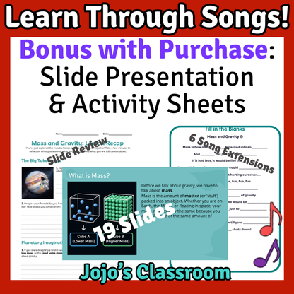 Mass & Gravity Science SONG, VIDEO, & Bonus Slides, Worksheets