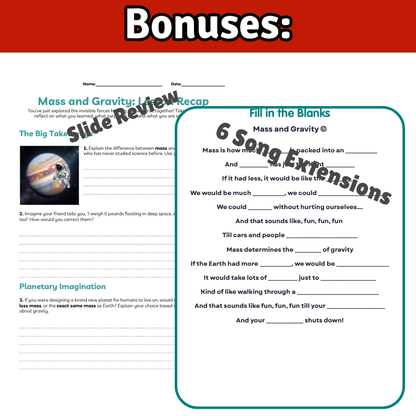 Mass & Gravity Science SONG, VIDEO, & Bonus Slides, Worksheets