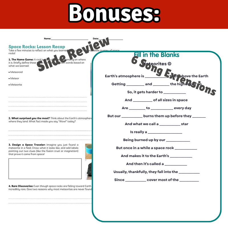 Meteorites Science SONG, VIDEO, & Bonus Slides, Worksheets