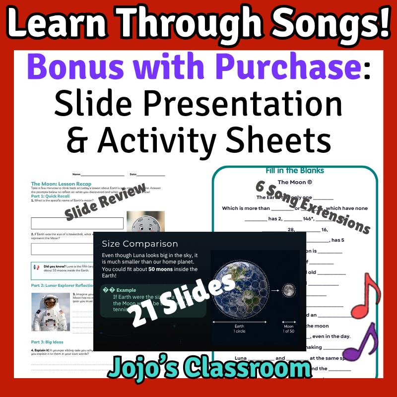 The Moon Science SONG, VIDEO, & Bonus Slides, Worksheets