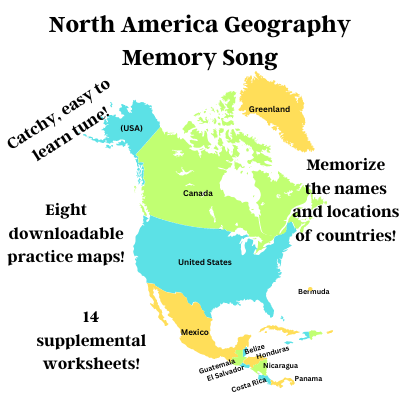 North America Geography Memory SONG, Maps & Worksheets