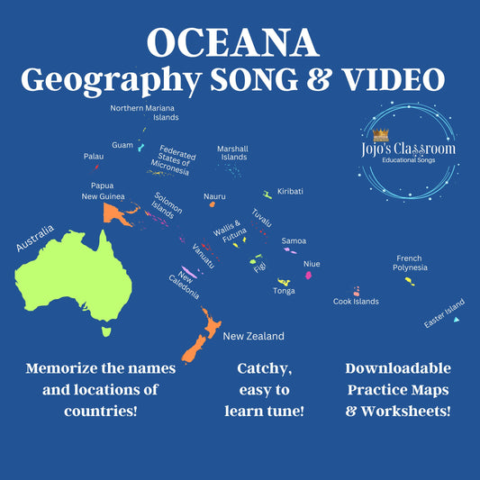 South Pacific/Oceana Geography Memory SONG, VIDEO, Maps & Worksheets