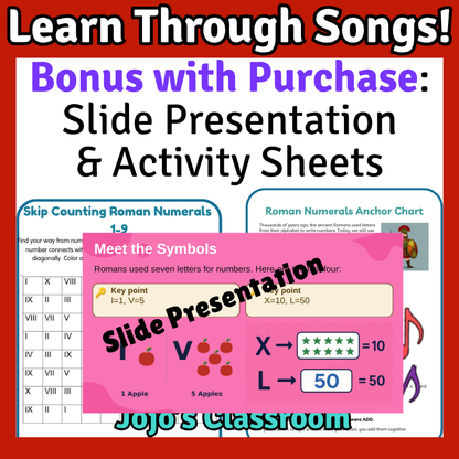 Roman Numerals Math SONG, VIDEO, & Bonus Slides, Extension Sheets