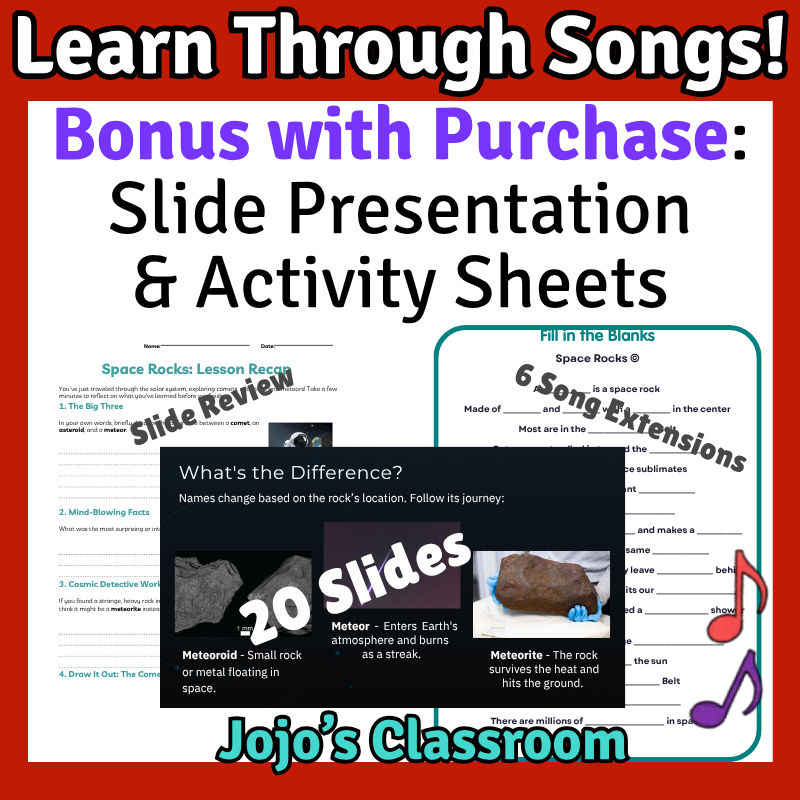 Space Rocks Science SONG, VIDEO, & Bonus Slides, Worksheets