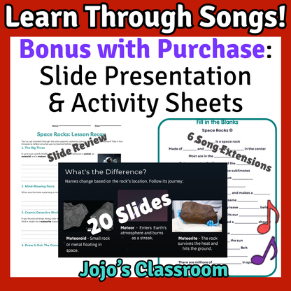 Space Rocks Science SONG, VIDEO, & Bonus Slides, Worksheets