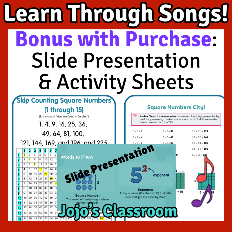 SQUARE Numbers Math SONG, VIDEO, & Bonus Slides, Extension Sheets