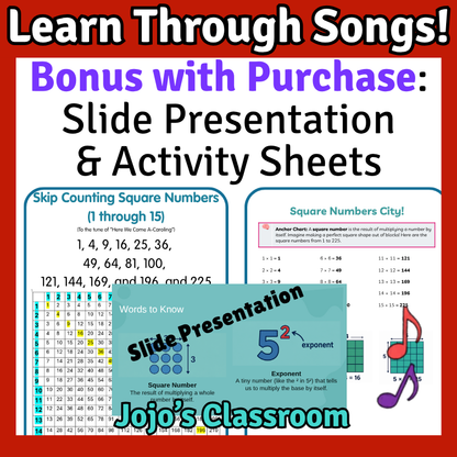 SQUARE Numbers Math SONG, VIDEO, & Bonus Slides, Extension Sheets