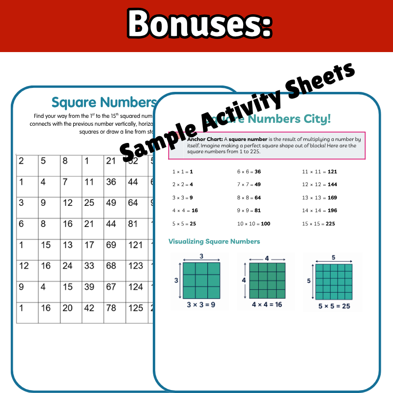 SQUARE Numbers Math SONG, VIDEO, & Bonus Slides, Extension Sheets