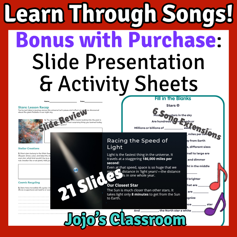 Stars Science SONG, VIDEO, & Bonus Slides, Worksheets