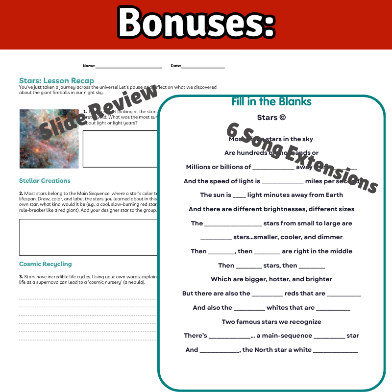Stars Science SONG, VIDEO, & Bonus Slides, Worksheets