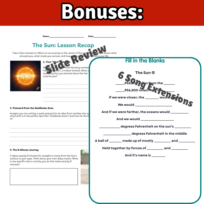 The Sun Science SONG, VIDEO, & Bonus Slides, Worksheets