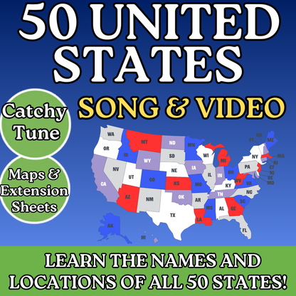 50 United States SONG, VIDEO, MAPS, & Bonus Slides/Activity Sheets