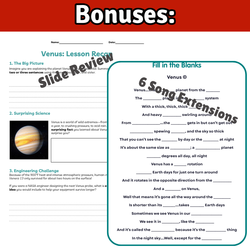 Venus Science SONG, VIDEO, & Bonus Slides, Worksheets