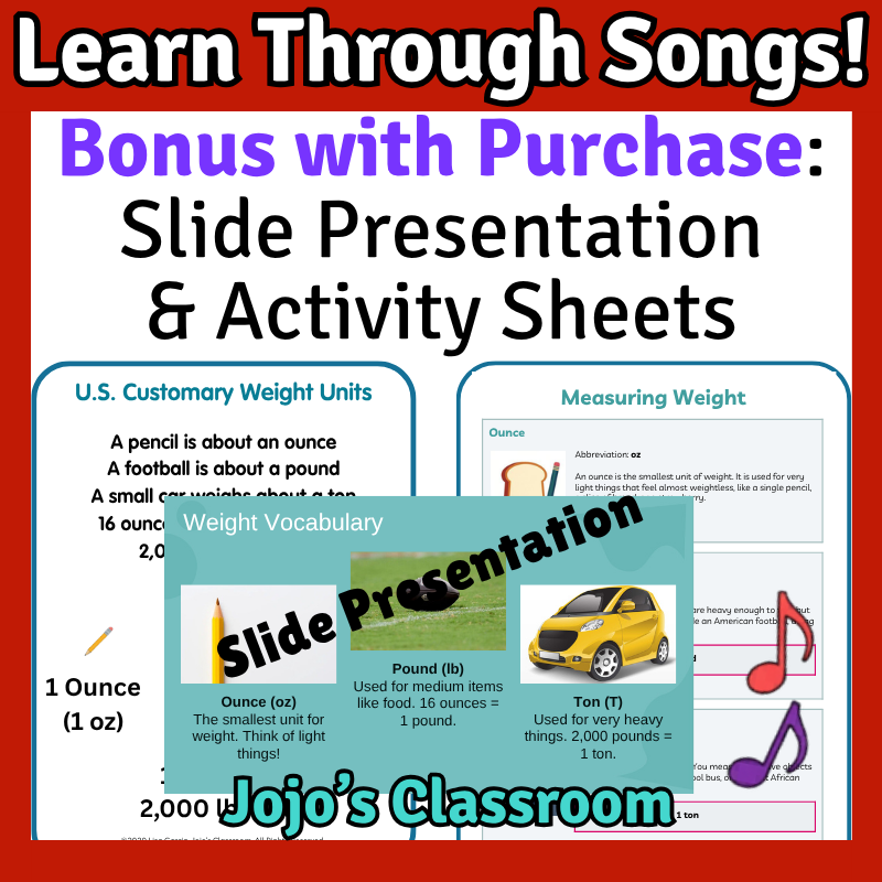 U.S. Customary Weight Math SONG, VIDEO, & Bonus Slides, Extension Sheets