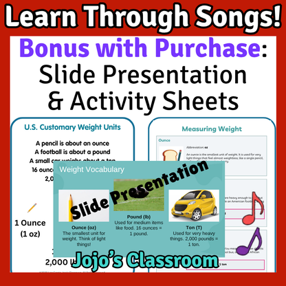 U.S. Customary Weight Math SONG, VIDEO, & Bonus Slides, Extension Sheets