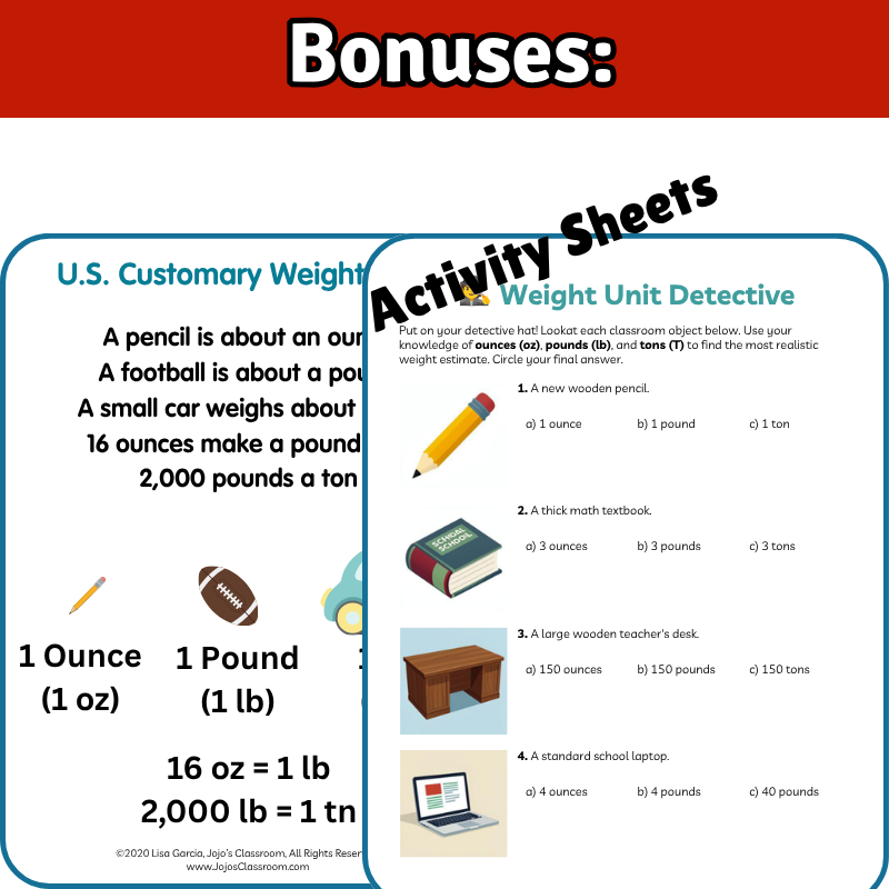 U.S. Customary Weight Math SONG, VIDEO, & Bonus Slides, Extension Sheets