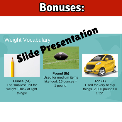 U.S. Customary Weight Math SONG, VIDEO, & Bonus Slides, Extension Sheets