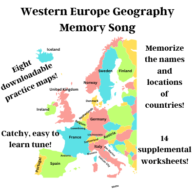 Western Europe Geography Memory SONG, Maps & Worksheets